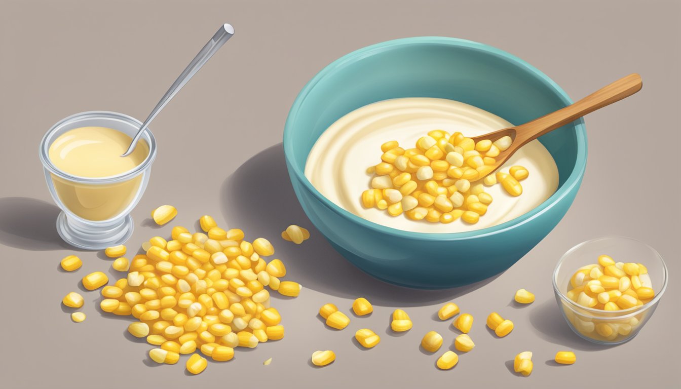 A plate of cream corn with a portion being measured out with a measuring cup