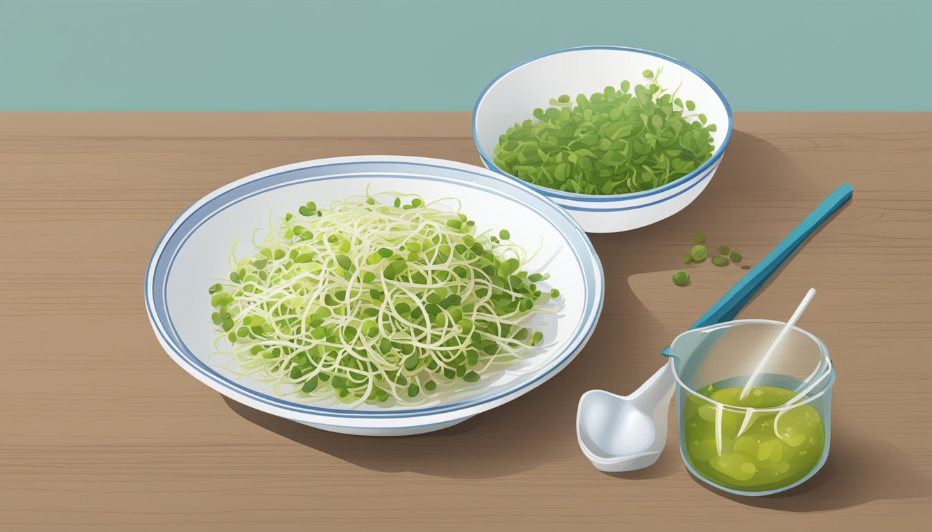 A plate of bean sprouts with a measuring cup beside it