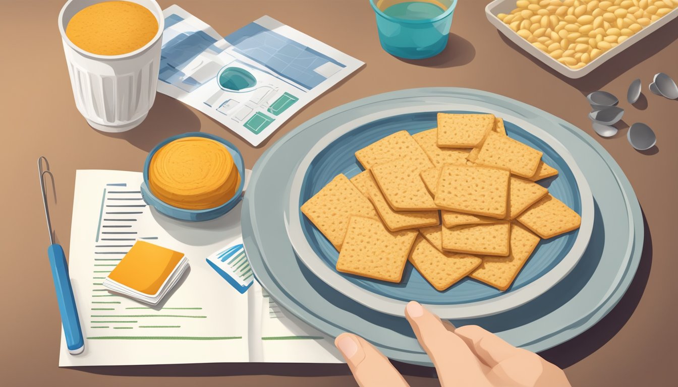 A diabetic hand reaches for a small portion of wheat thins on a plate next to a measuring cup and a nutrition guide