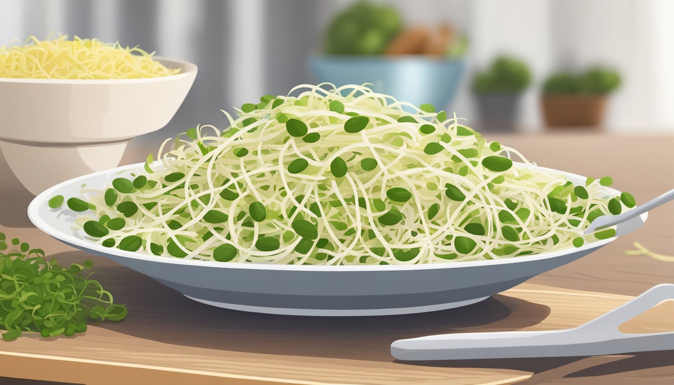 A plate of bean sprouts next to a measuring cup with a portion of sprouts inside. A diabetes-friendly food guide in the background