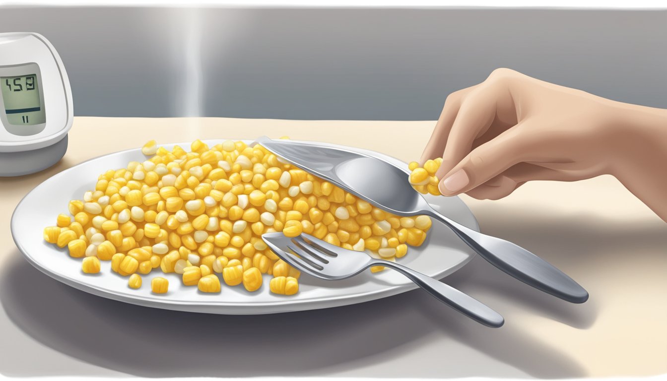 A diabetic portioning out a small serving of cream corn onto a plate