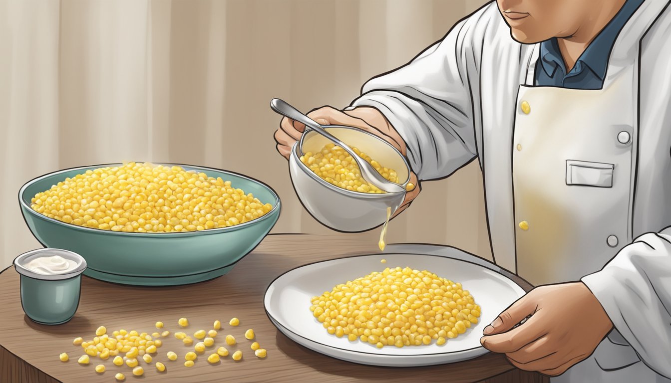 A diabetic portioning out a serving of creamed corn onto a plate