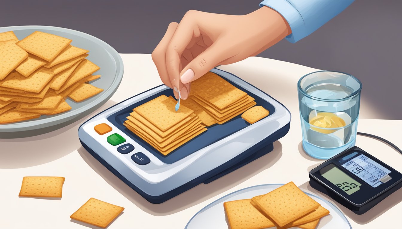 A diabetic carefully measures out a portion of wheat thins onto a plate, alongside a blood glucose monitor and a glass of water