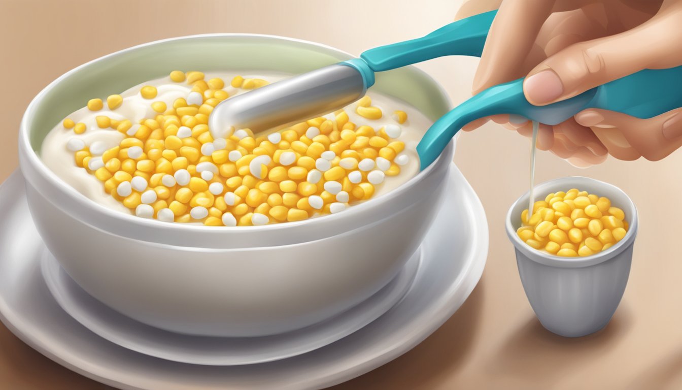 A diabetic measuring a portion of cream corn with a measuring cup