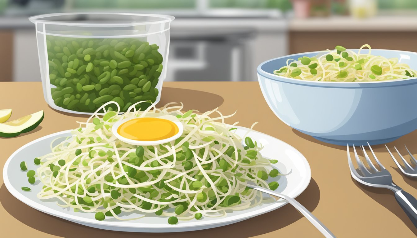 A plate of bean sprouts piled next to a measuring cup, with a diabetic-friendly meal in the background