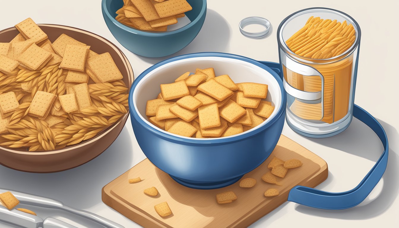 A bowl of wheat thins next to a measuring cup, a blood glucose meter, and a diabetes-friendly snack guide