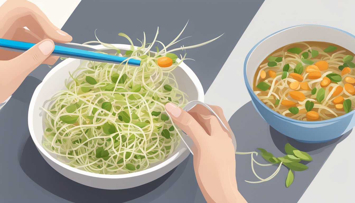 A bowl of bean sprouts being measured with a measuring cup next to a diabetic-friendly meal