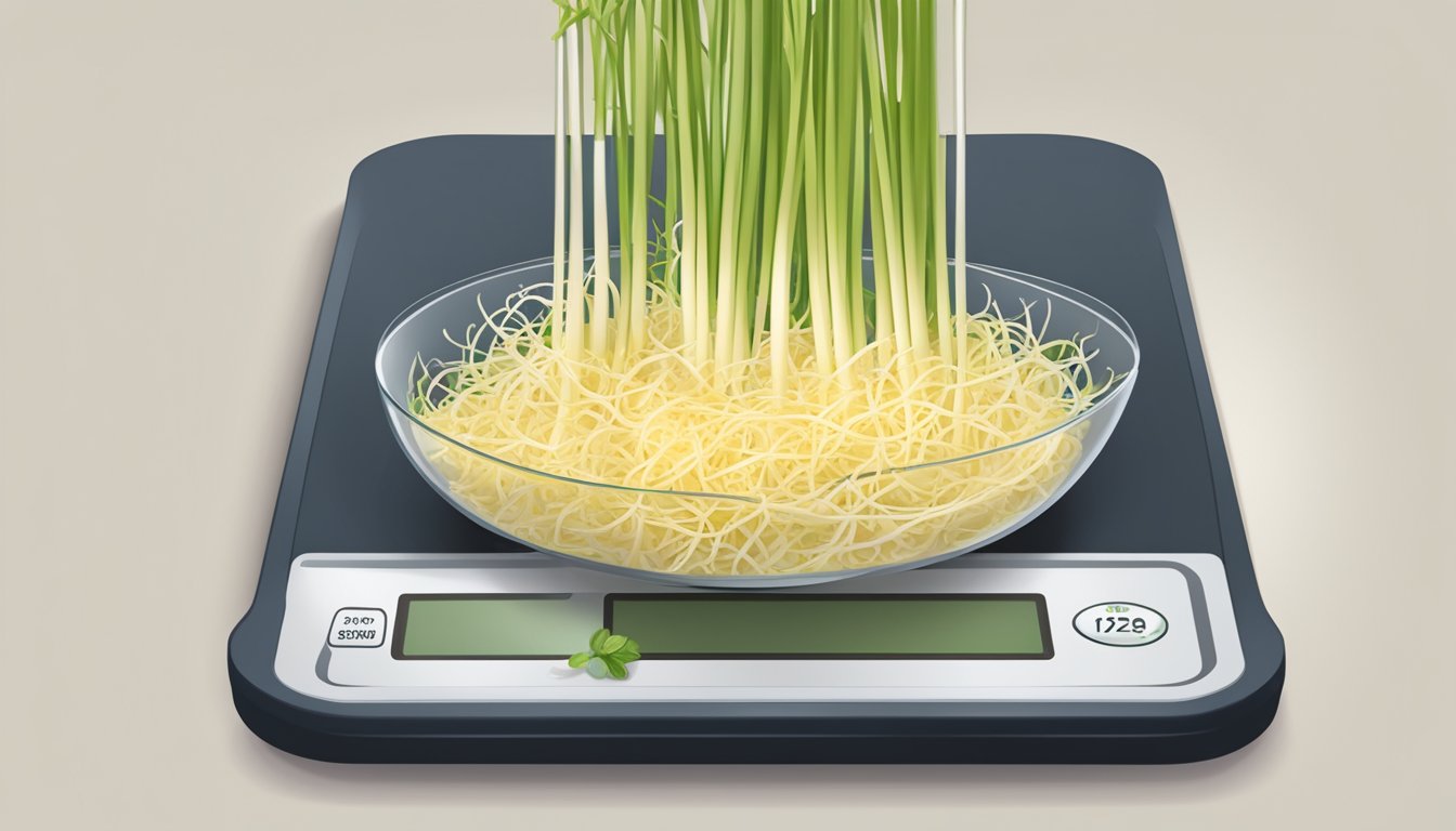 A diabetic measuring a portion of bean sprouts on a food scale