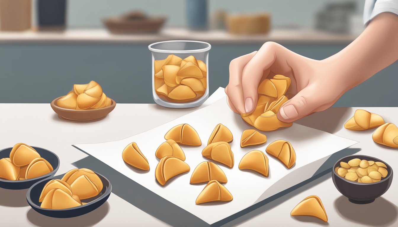 A diabetic person carefully counting out and examining a small pile of fortune cookies on a clean, well-lit table