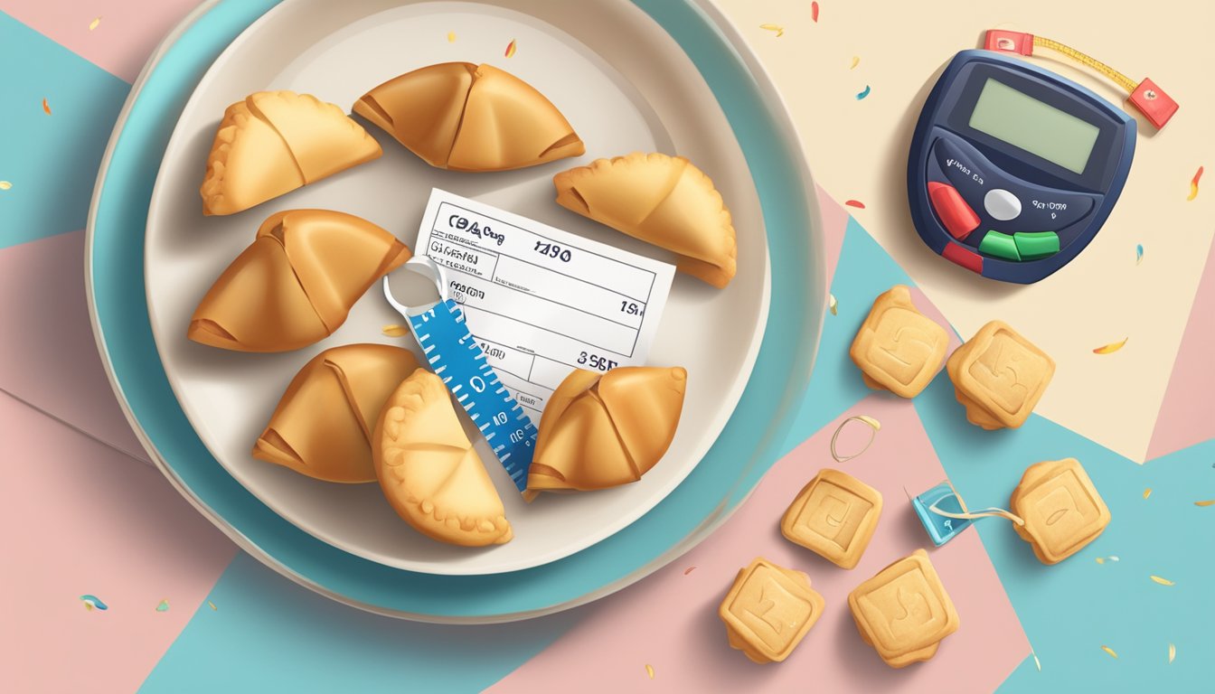 A plate of fortune cookies with a single cookie broken open to reveal the fortune inside, surrounded by a measuring tape and a blood glucose monitor