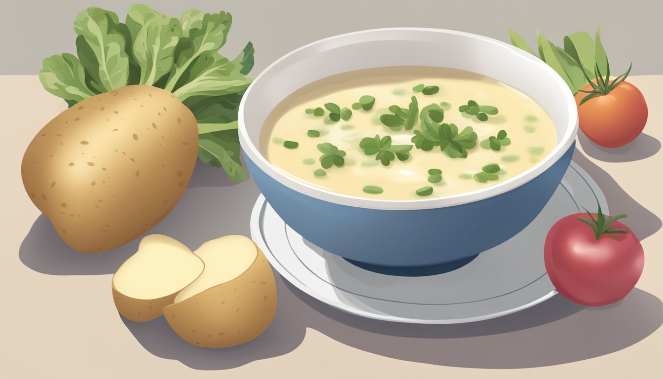 A bowl of potato soup next to a measuring cup, a diabetes-friendly food guide, and a portion control plate