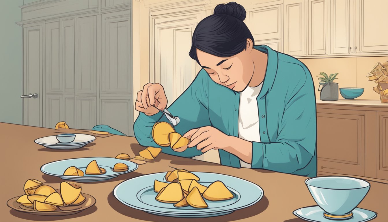 A diabetic carefully selects one fortune cookie from a plate, while others remain untouched