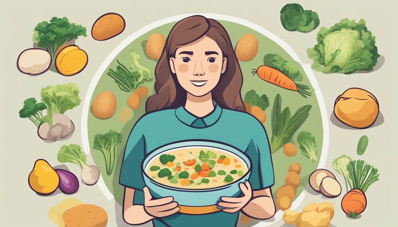 A person with diabetes holding a bowl of potato soup and considering healthier alternatives, such as a colorful array of fresh vegetables and lean protein options