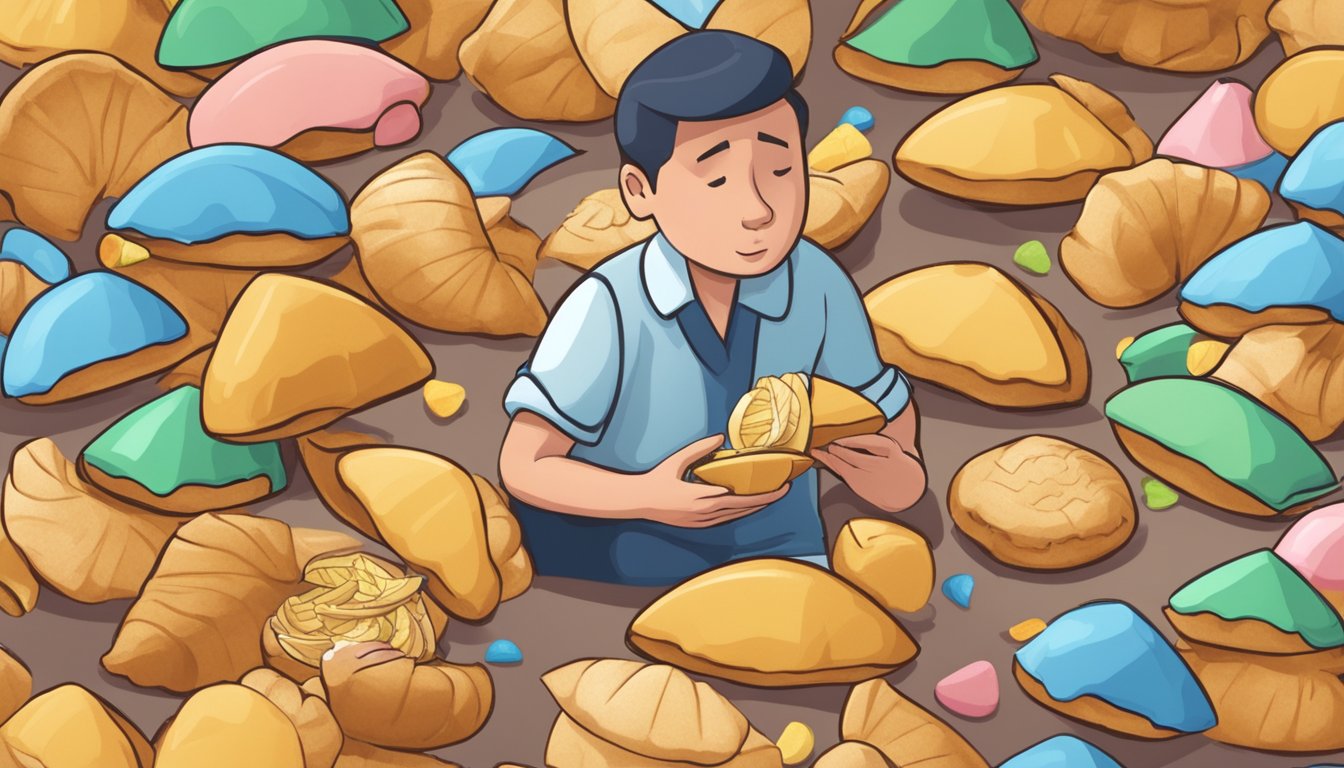 A diabetic carefully examines a pile of fortune cookies, pondering how many they can safely eat