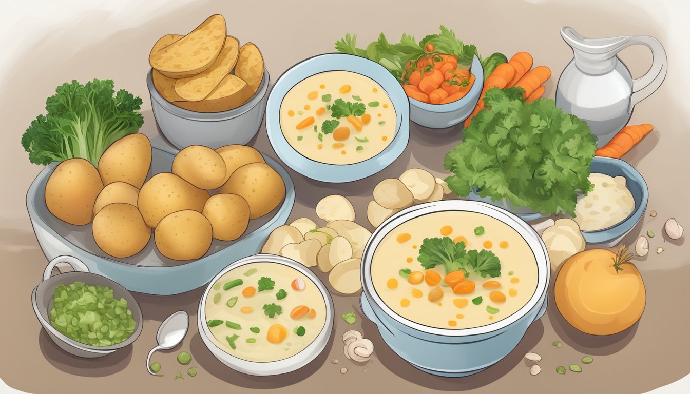 A bowl of potato soup with a small portion size, surrounded by low-glycemic index ingredients like vegetables and lean protein