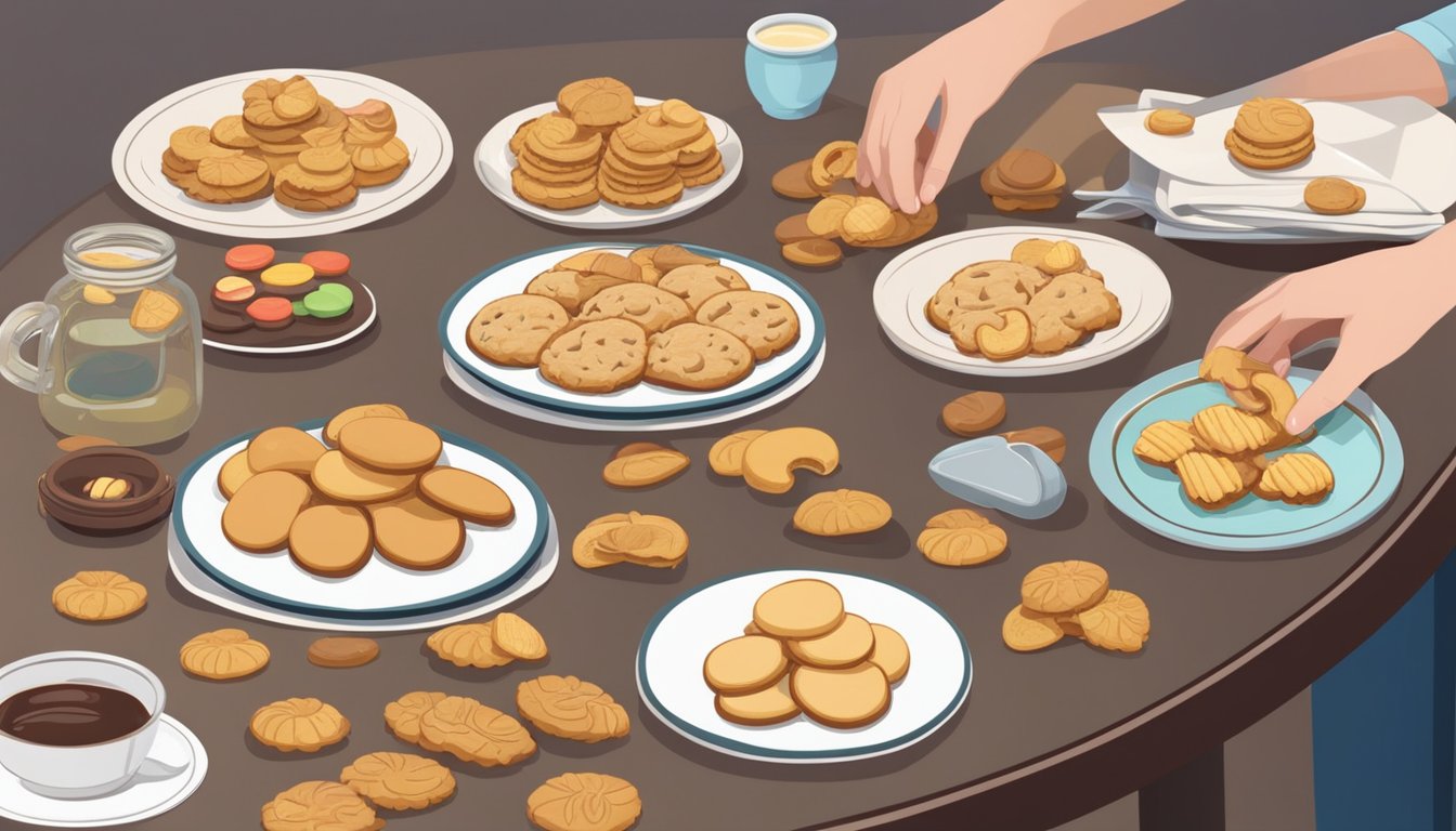 A table with a variety of homemade cookies, including fortune cookies, arranged on a plate. A diabetic person is carefully selecting one cookie to eat