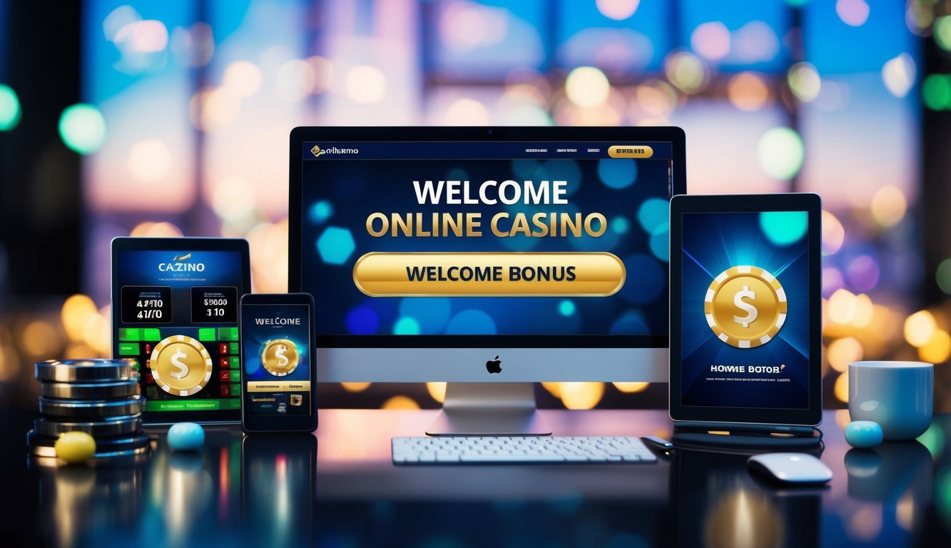 Sebuah kasino online yang hidup dengan bonus sambutan besar, dikelilingi oleh perangkat digital yang ramping dan modern