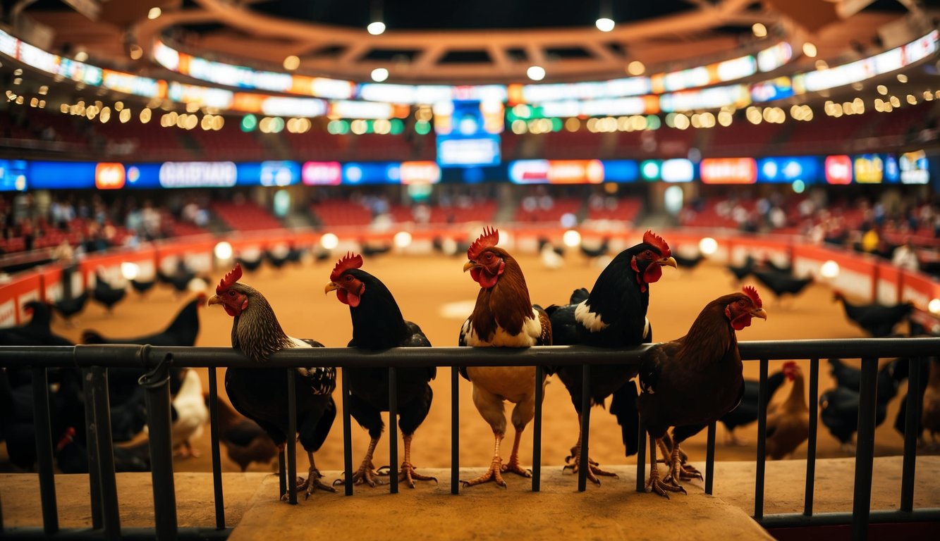 Sebuah arena sabung ayam resmi yang ramai dengan berbagai pasar taruhan internasional