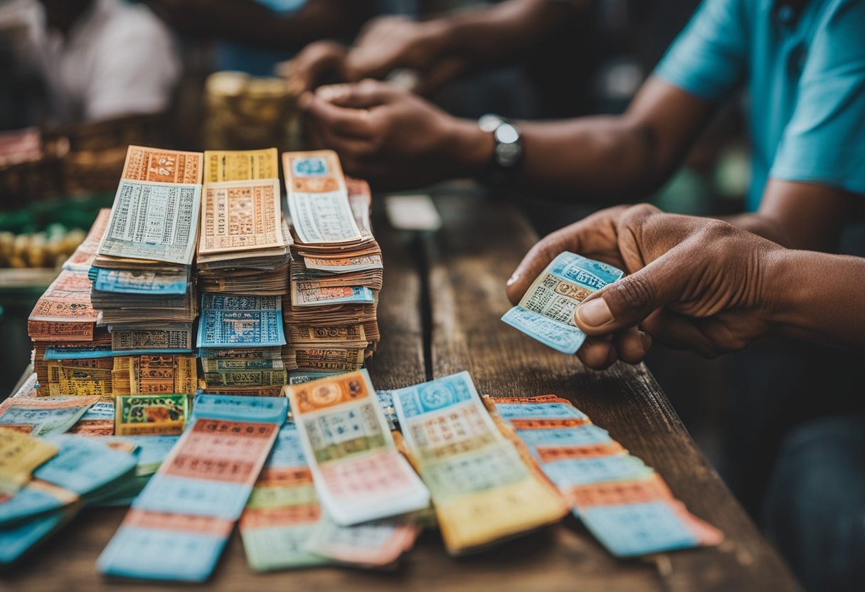 Pasar tradisional Indonesia dengan tiket lotere berwarna-warni yang dipajang di atas meja kayu, dikelilingi oleh pelanggan yang penasaran dan seorang penjual.