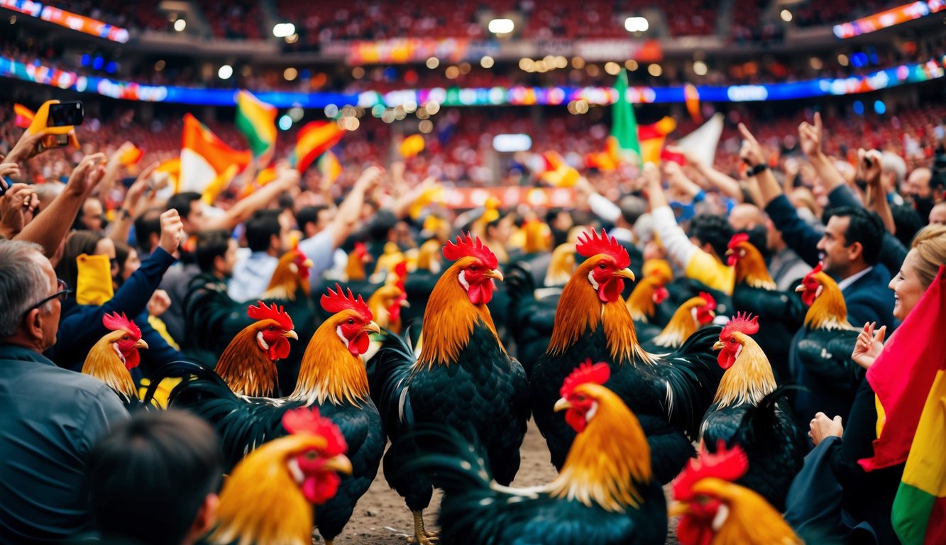 Sebuah arena yang ramai dengan ayam jantan di tengah, dikelilingi oleh penonton yang bersorak dan spanduk berwarna-warni