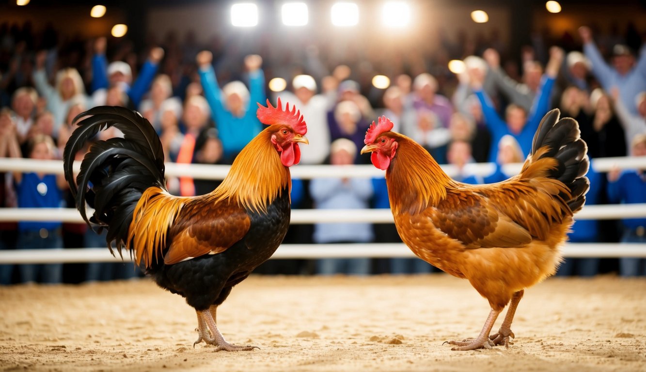 Seekor ayam jantan dan seekor ayam betina berhadapan di arena yang terang benderang, dikelilingi oleh penonton yang bersorak-sorai