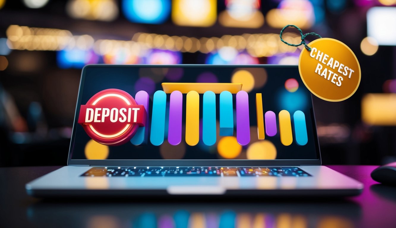 Antarmuka kasino online yang berwarna-warni dengan tombol deposit yang berdenyut dan label harga yang menunjukkan tarif terendah