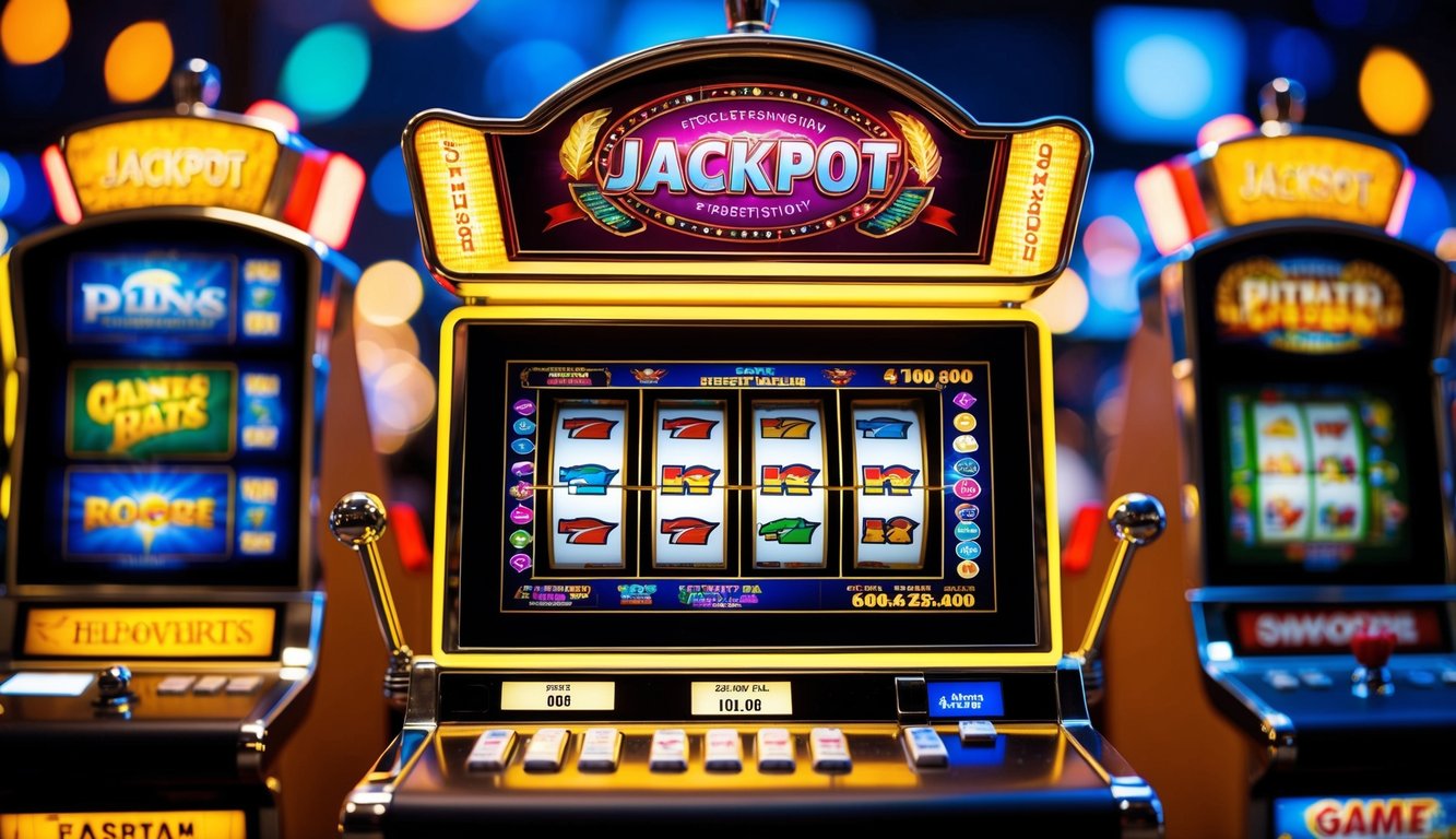 Sebuah mesin slot yang berwarna-warni dengan berbagai penyedia permainan, dikelilingi oleh lampu berkedip dan tampilan jackpot yang besar