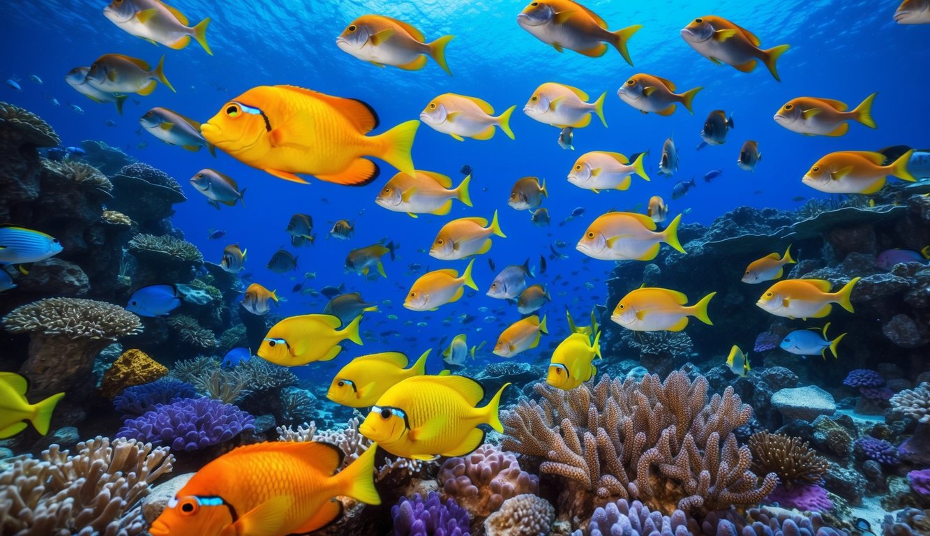 Sebuah dunia bawah laut yang ramai dengan ikan-ikan berwarna-warni yang berenang di sekitar terumbu karang yang hidup, dengan rasa kegembiraan dan peluang tinggi untuk menang