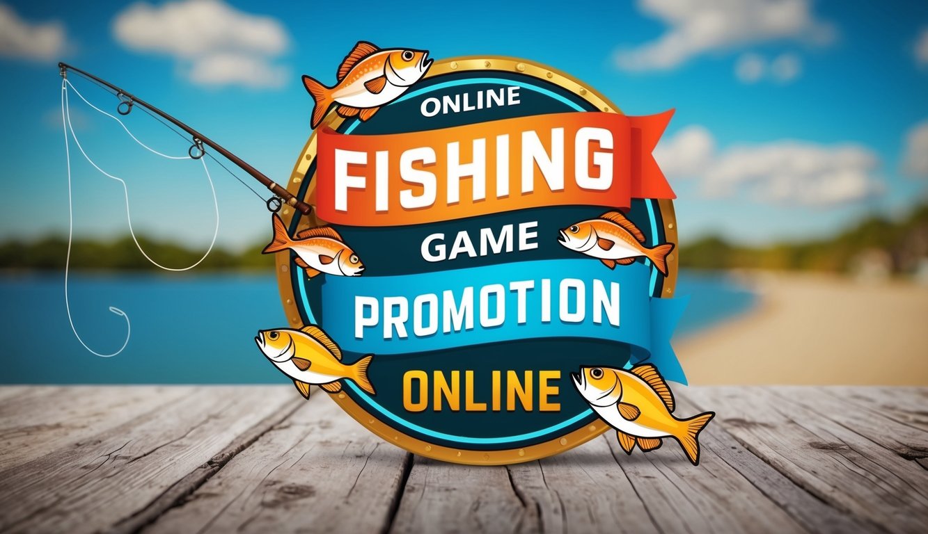 Sebuah promosi permainan memancing online yang berwarna-warni dengan spanduk dan ilustrasi ikan