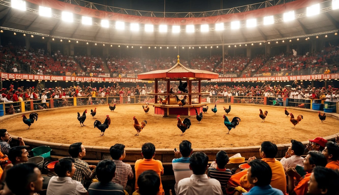 Sebuah arena sabung ayam yang ramai dan meriah dengan penonton yang bersorak dan ayam jantan berwarna-warni di tengahnya