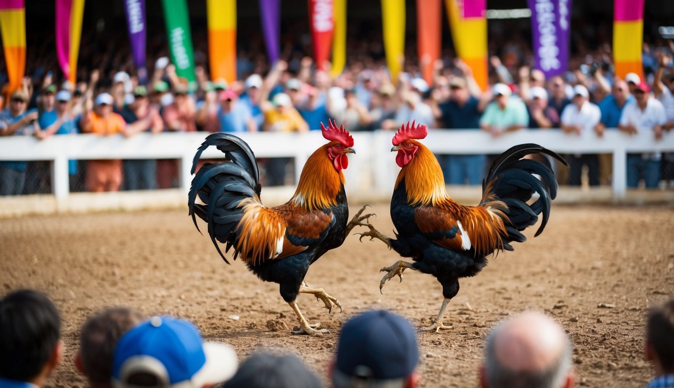 Sebuah arena luar ruangan yang ramai dengan ayam jantan bertarung, dikelilingi oleh penonton yang bersorak dan spanduk berwarna-warni