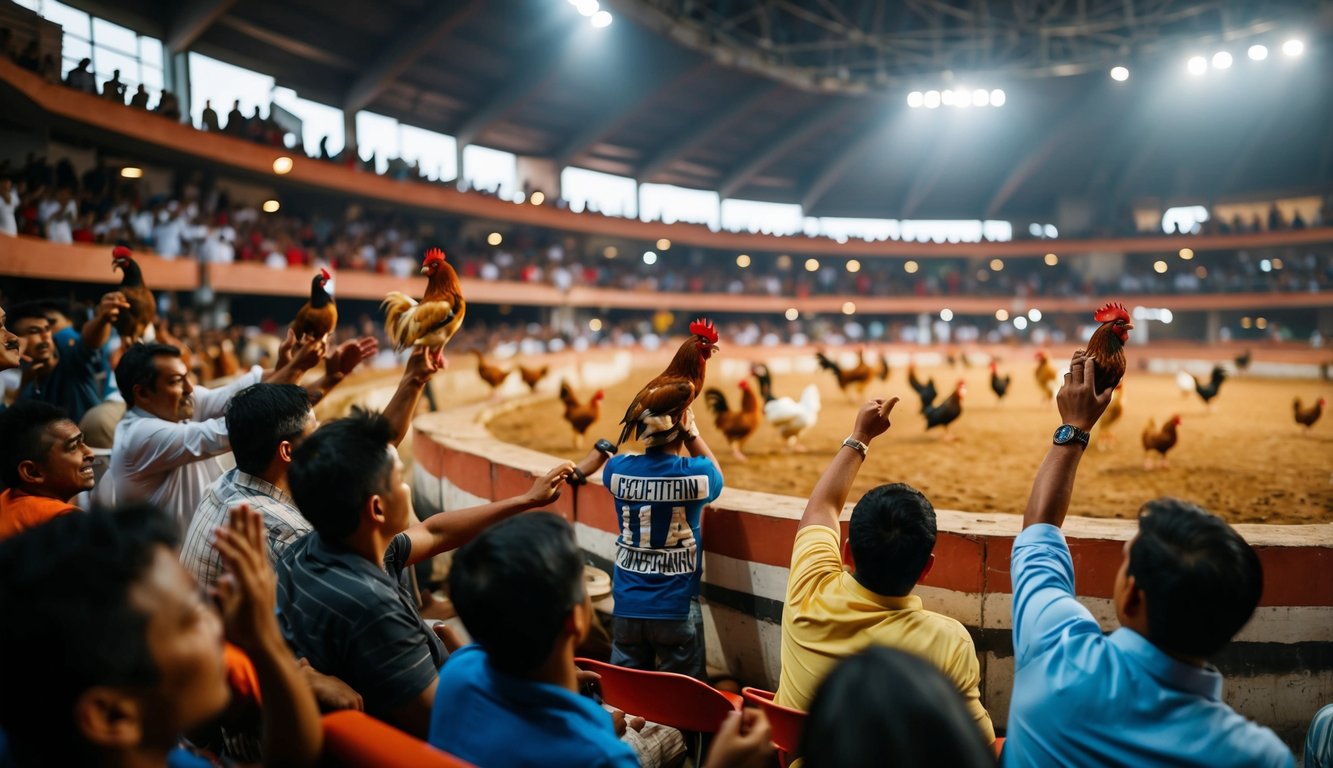 Sebuah arena sabung ayam yang ramai dengan campuran penonton lokal dan internasional yang meneriakkan ayam jantan pilihan mereka