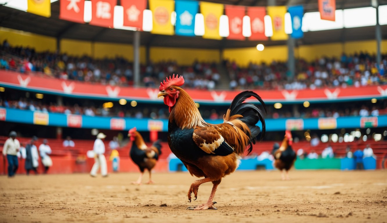 Sebuah arena sabung ayam yang meriah dan ramai dengan spanduk berwarna-warni dan penonton yang antusias