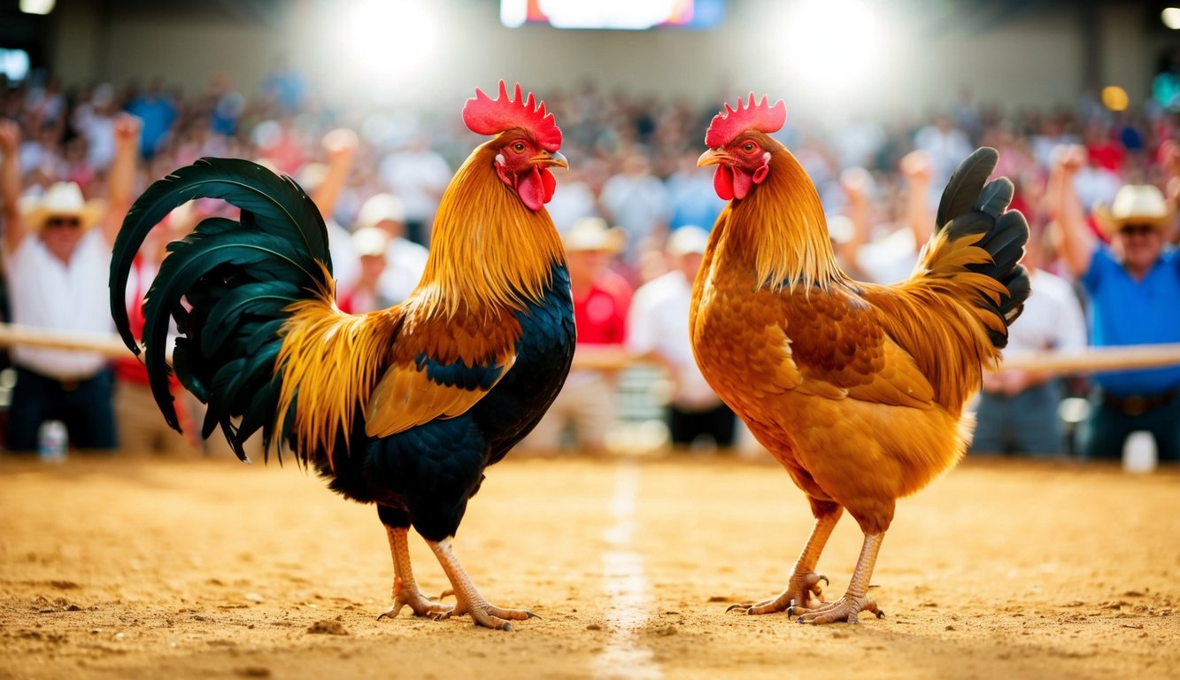 Seekor ayam jantan dan seekor ayam betina berhadapan di arena terbuka yang terang benderang, dikelilingi oleh penonton yang bersorak