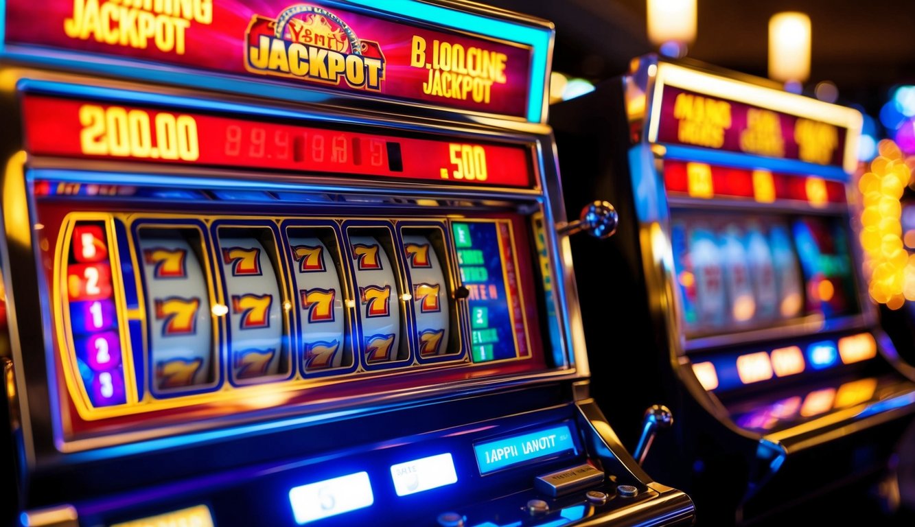 Mesin slot platform yang cerah dengan lampu berkedip dan tampilan jackpot besar