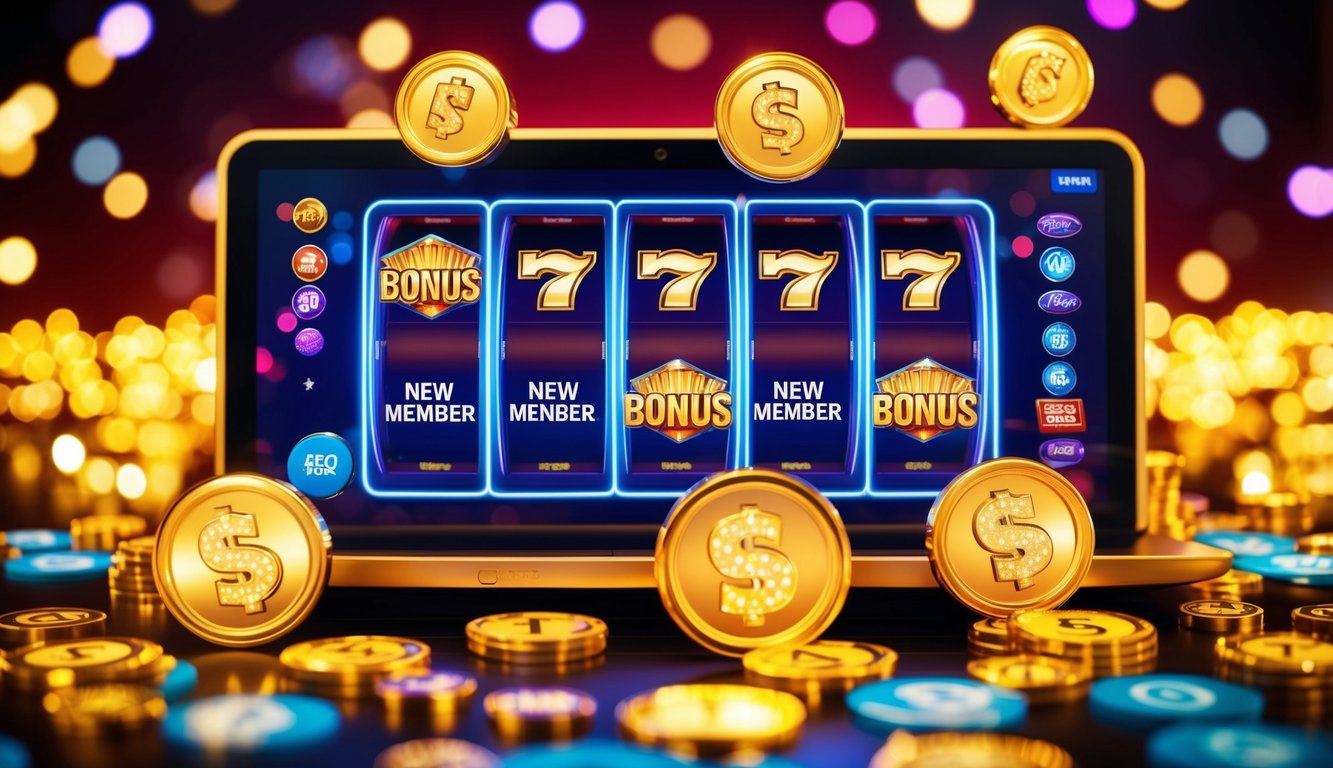 Sebuah mesin slot online yang cerah dikelilingi oleh simbol bonus yang bersinar dan tawaran eksklusif untuk anggota baru