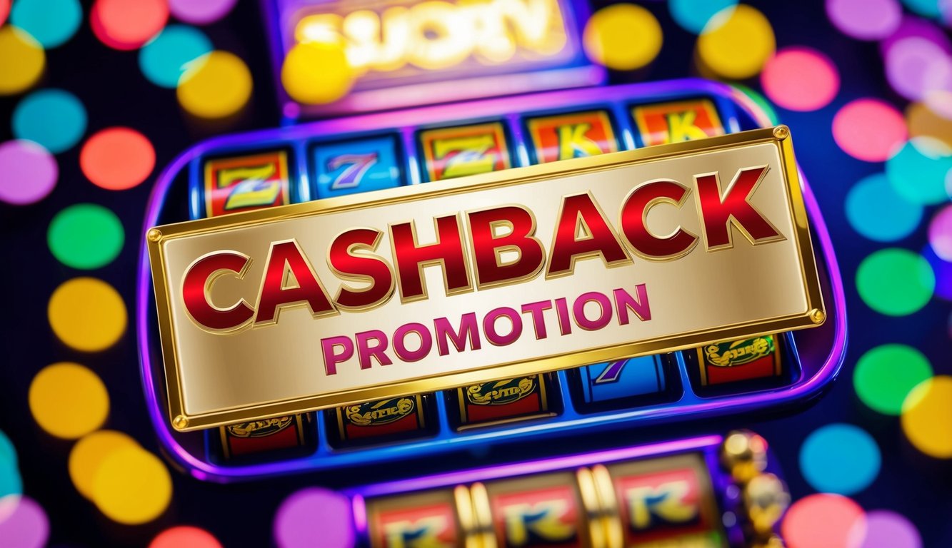 Sebuah mesin slot berwarna-warni dikelilingi oleh simbol-simbol dengan spanduk promosi cashback yang ditampilkan secara mencolok