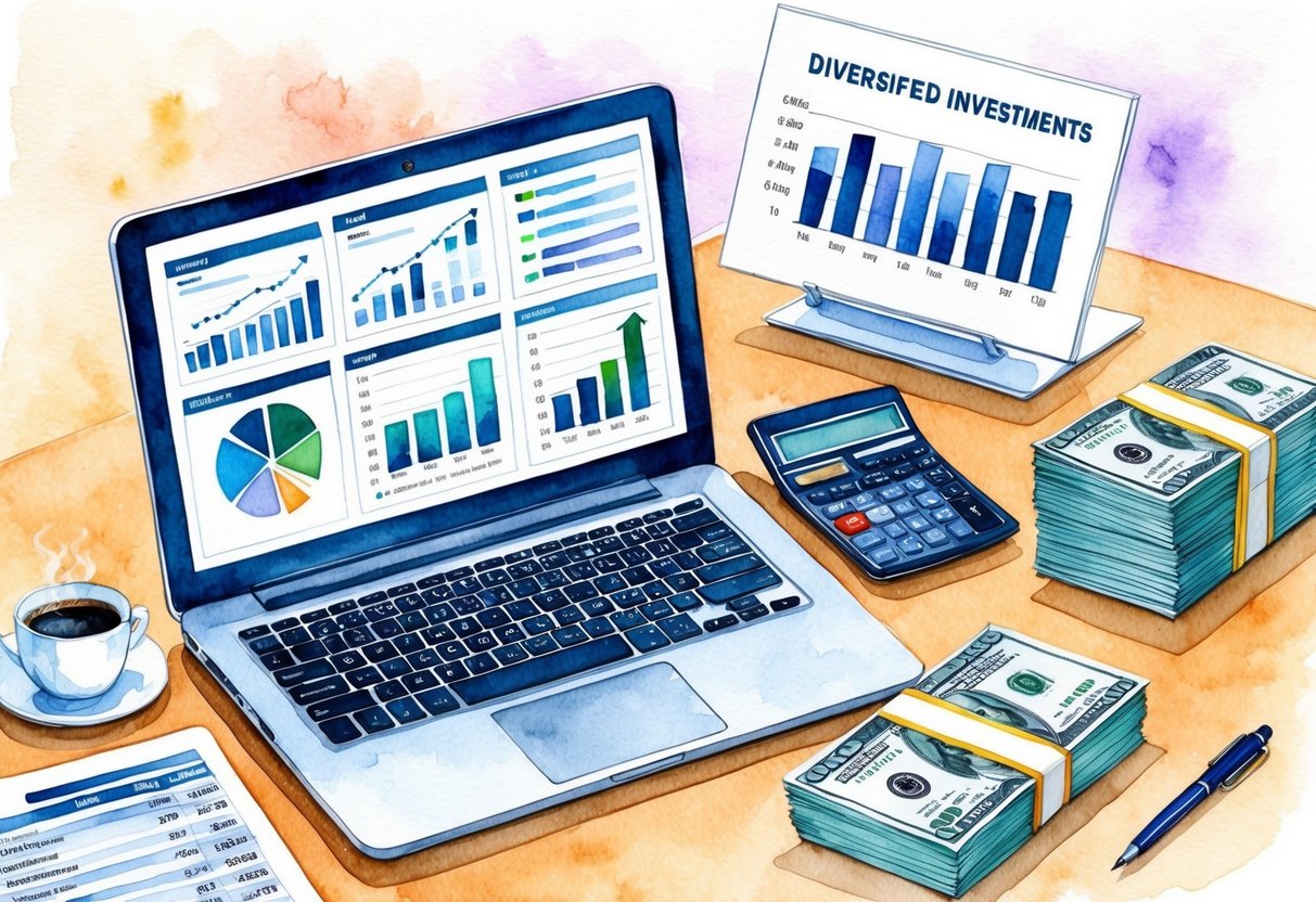 A desk with a laptop, financial reports, a calculator, and a cup of coffee. A chart showing diversified investments to build an income portfolio.