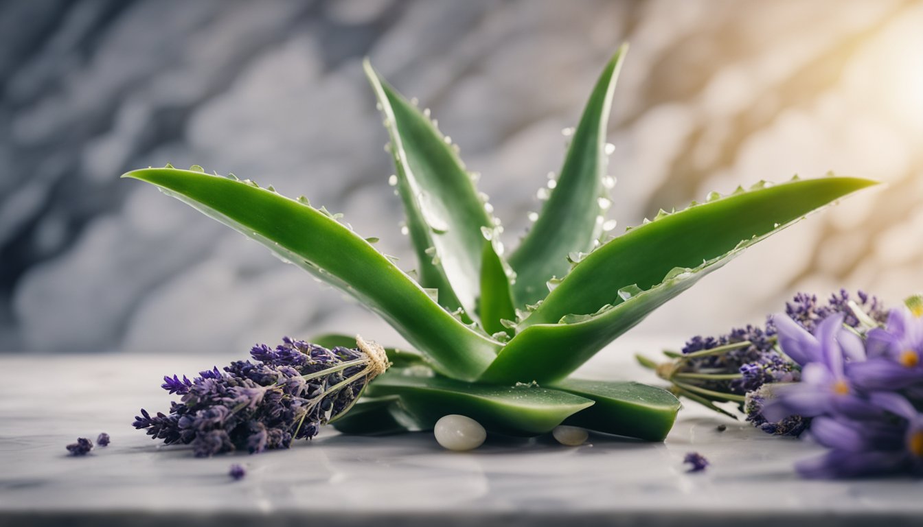 A fresh aloe vera leaf oozes gel on marble, surrounded by dried lavender and chamomile, with a mortar and pestle nearby