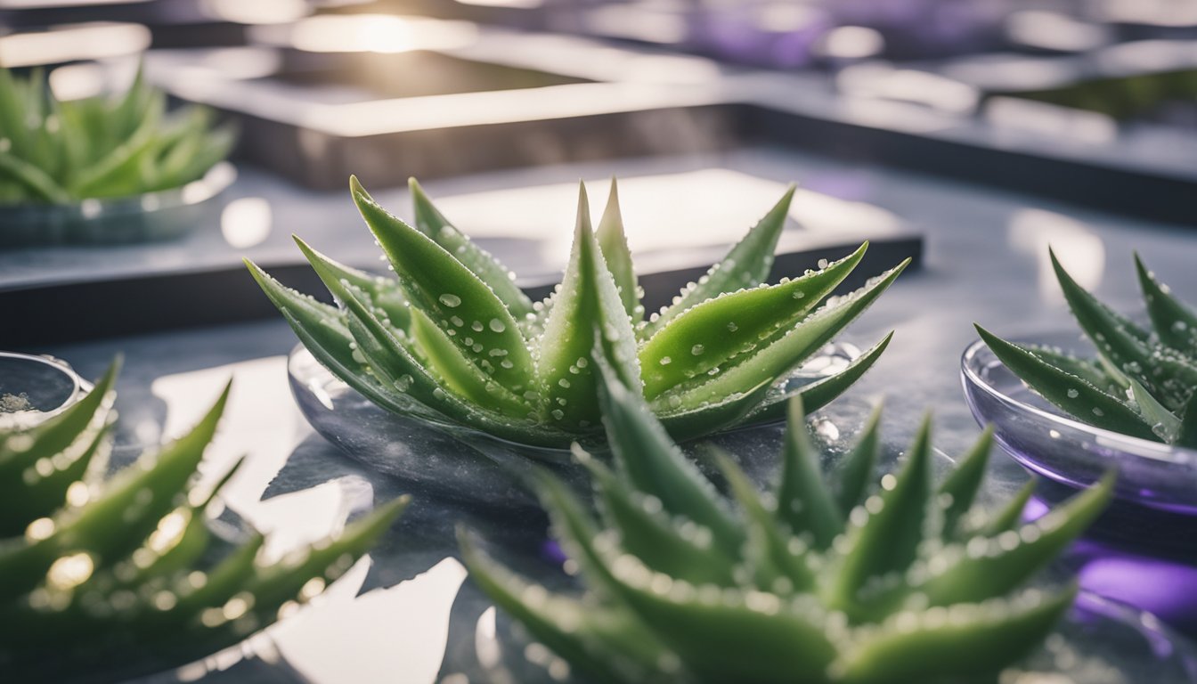 A fresh aloe vera leaf oozes gel on marble, framed by lavender and chamomile