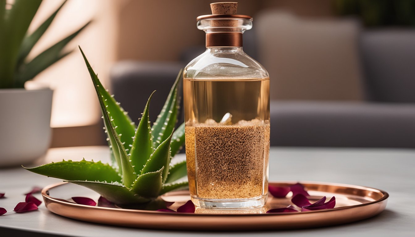 A sparkling glass bottle of aloe vera gel sits on a tray with dried rose petals, framed by a potted aloe vera plant in a copper planter