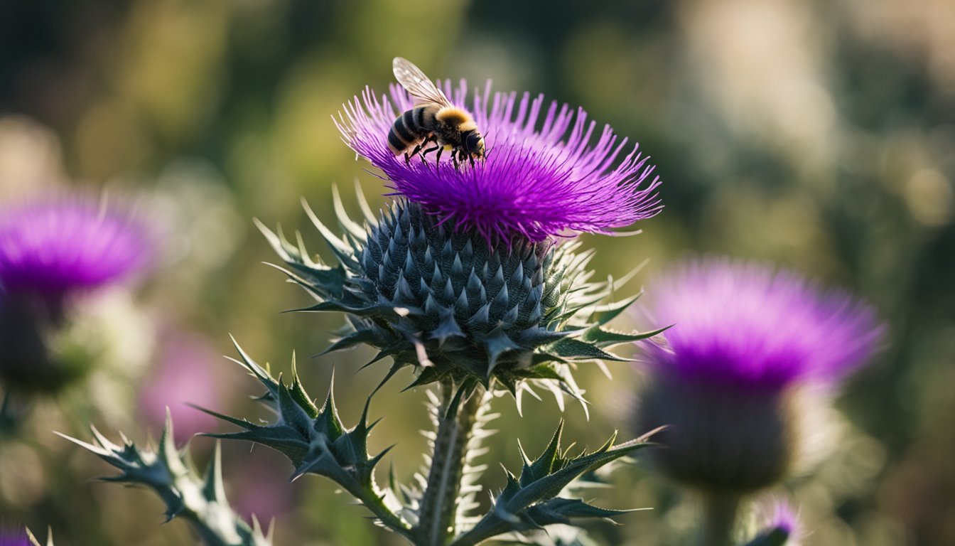 A vibrant milk thistle in full bloom, purple flowers catching golden light, silvery-veined leaves creating a marble pattern, a bee hovers near thistle down in the breeze