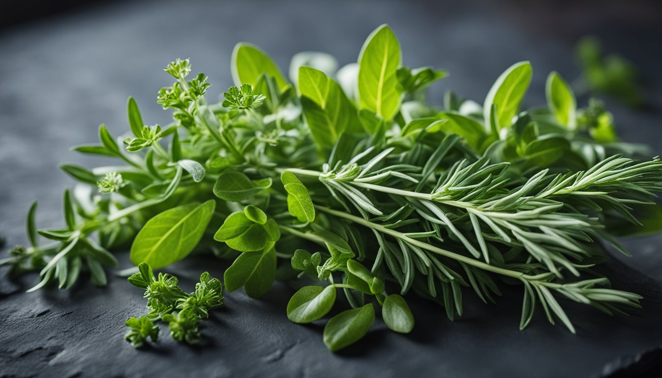 Fresh liver-supporting herbs on slate, bathed in morning light, vibrant and medicinal