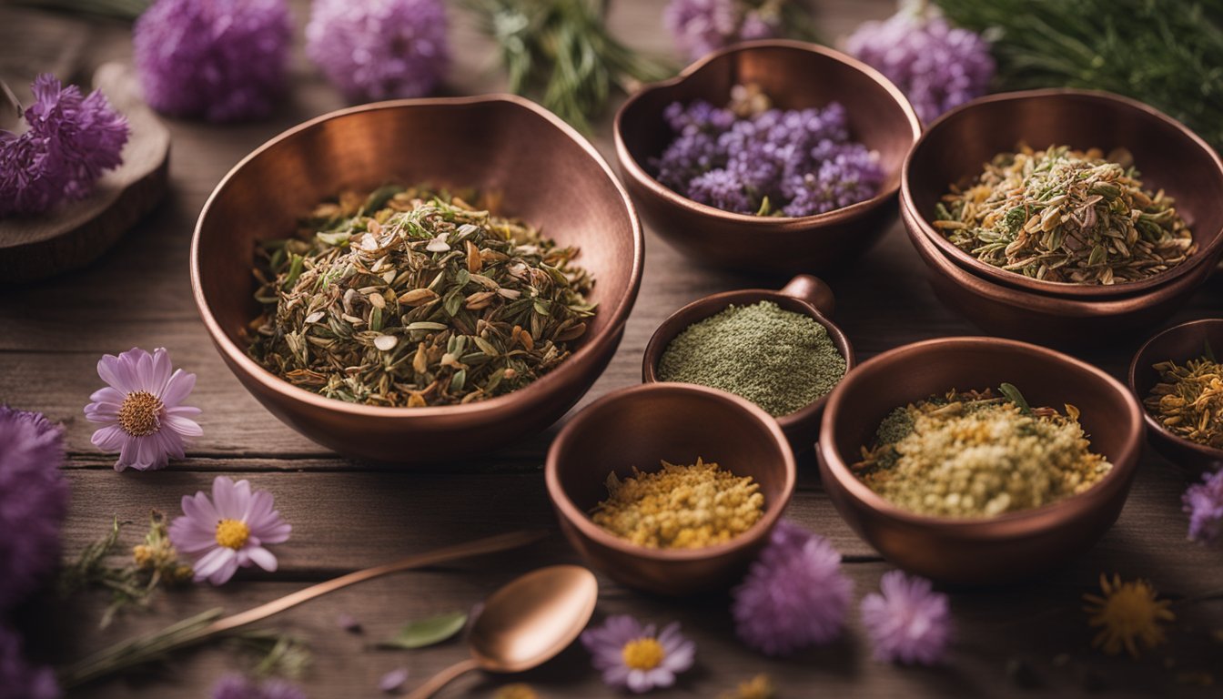 A still life of dried herbs for liver health in vintage copper bowls on a wooden table, with scattered flower petals