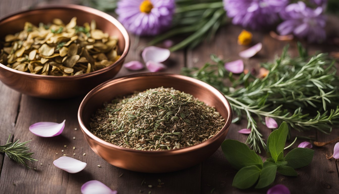 Dried herbs for liver health in copper bowls on a wooden table, surrounded by flower petals