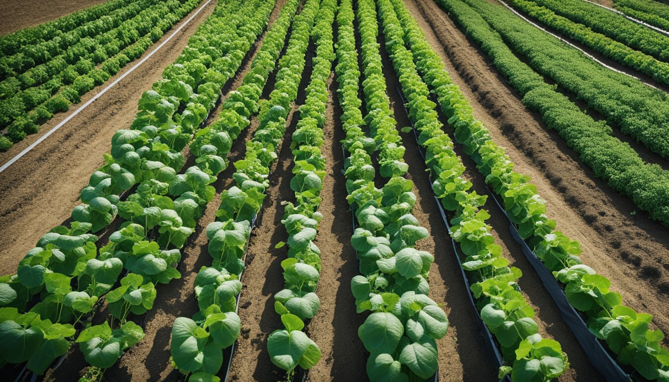 Aerial view of a companion-planted vegetable garden: peas and cucumbers sharing trellises, lettuce and radishes maximizing space, and marigolds providing natural pest control