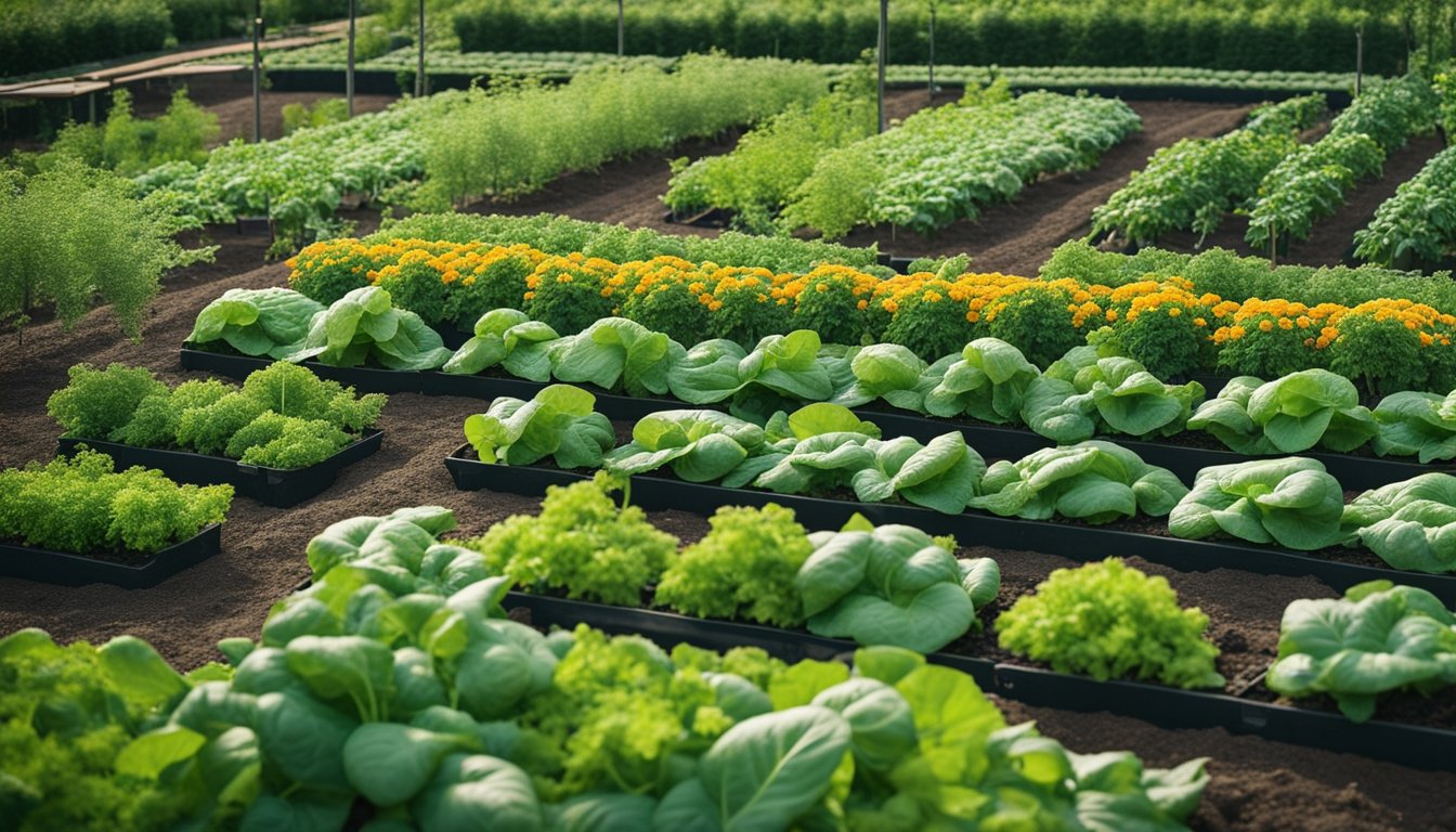 Aerial view of a harmonious vegetable garden with climbing peas and cucumbers, lettuce, radishes, carrots, basil, and marigolds creating a visually pleasing and functional layout