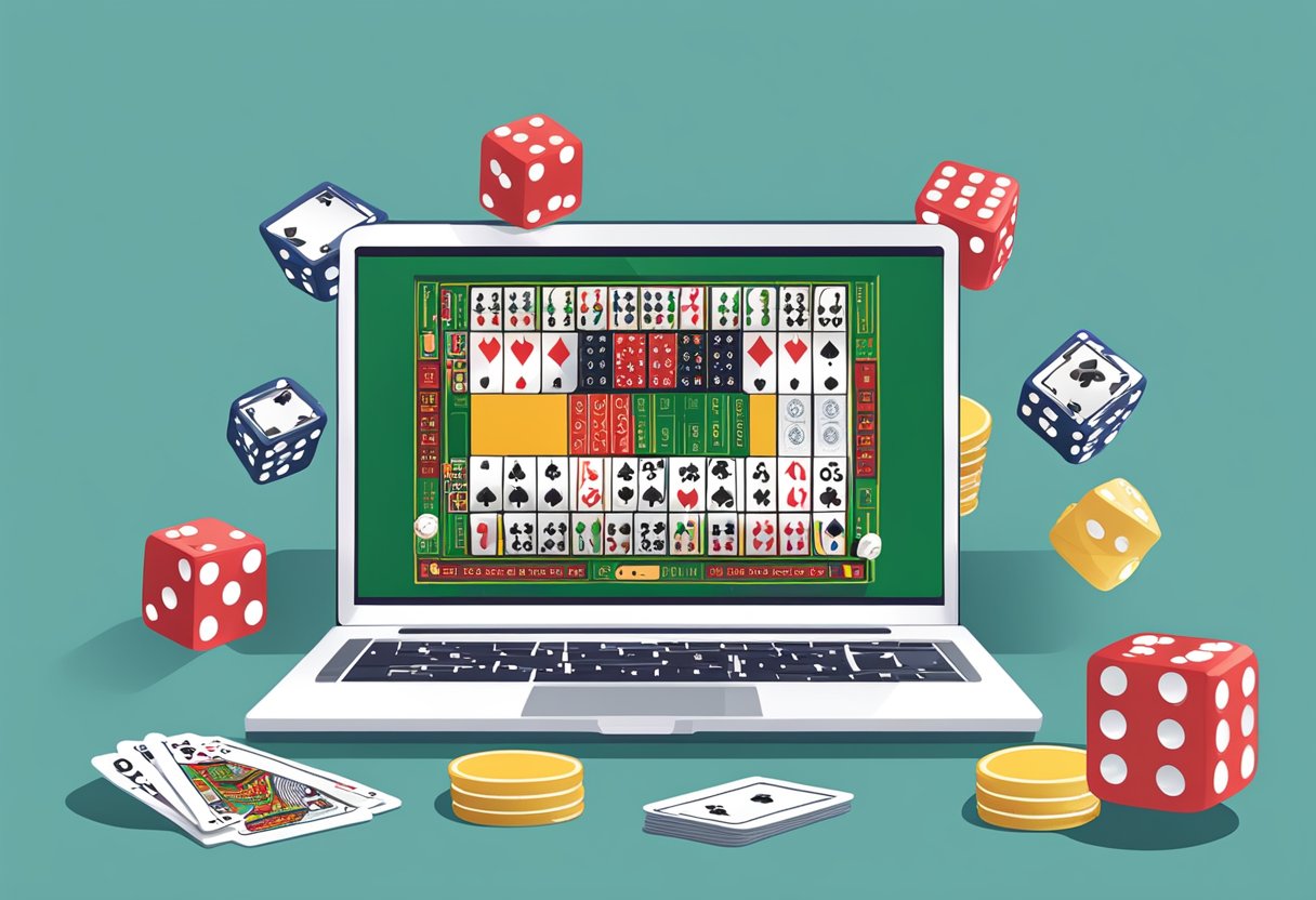 A stack of gambling-related items: dice, playing cards, and a laptop with odds displayed on the screen