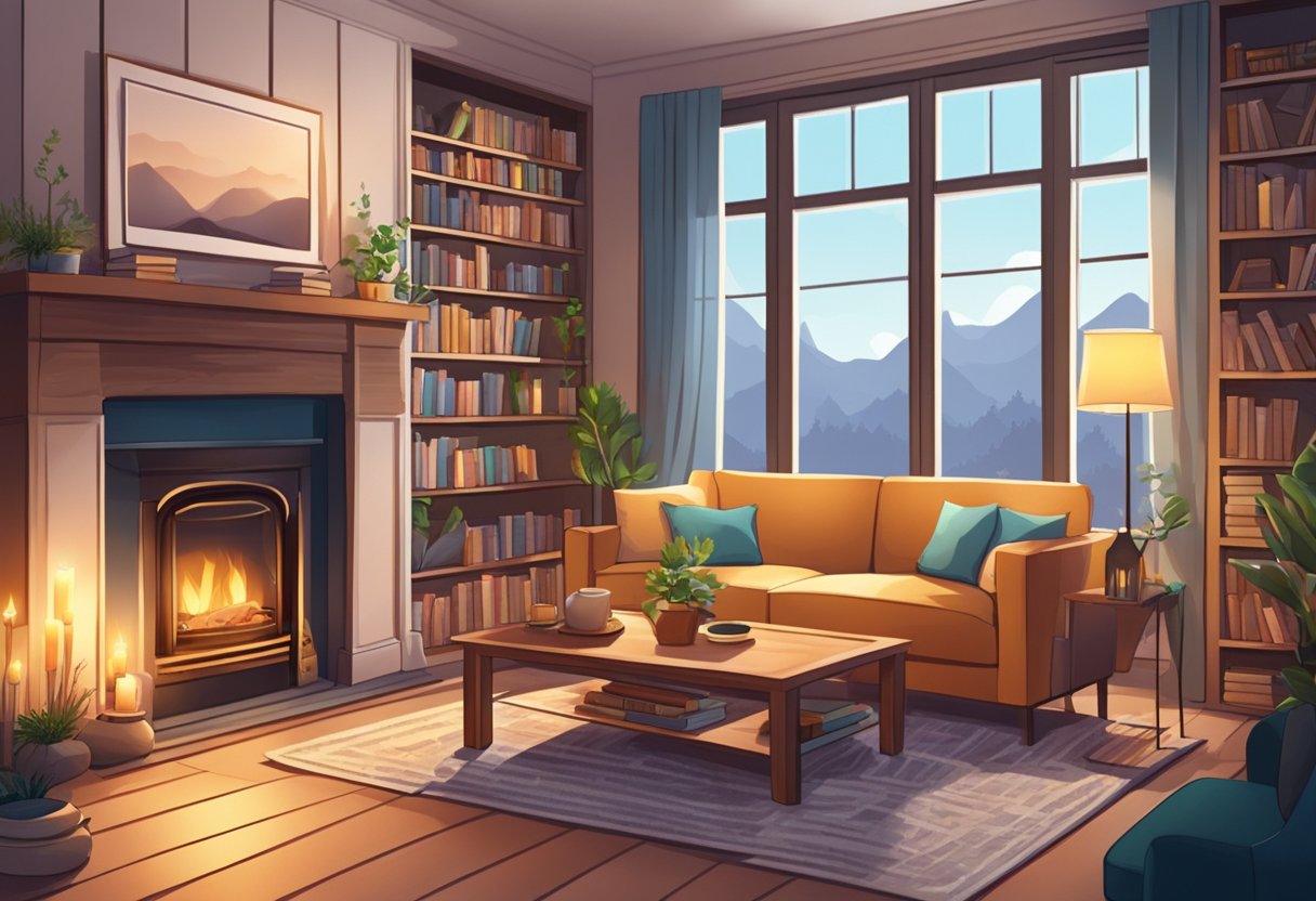 A cozy living room with a crackling fireplace, soft ambient lighting, and scattered board games and books