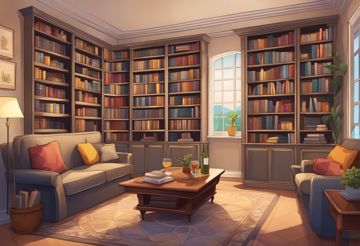 A cozy living room with shelves of board games, a bookcase of novels, and a display of elegant wine glasses